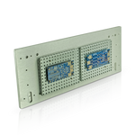 Soft Start and Speaker Turn on Delay both mounted on riser panels affixed to the front panel of a 4U Deluxe Chassis faceplate
