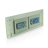 Soft Start and Speaker Turn on Delay both mounted on riser panels affixed to the front panel of a 4U Deluxe Chassis faceplate