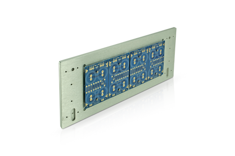 Two snapped cap boards mounted side by side on the faceplate of a 4U Deluxe Chassis.  This configuration saves a lot of space on the chassis floor.