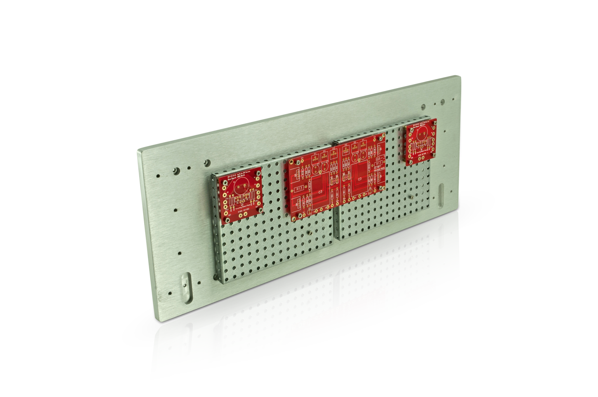 Burning Amp gain stage and bias boards mounted on a riser panel mounted on the front faceplate of a 4U Deluxe Chassis (chassis and riser panels sold separately)