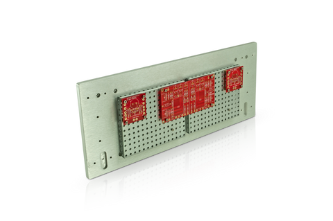 Burning Amp gain stage and bias boards mounted on a riser panel mounted on the front faceplate of a 4U Deluxe Chassis (chassis and riser panels sold separately)