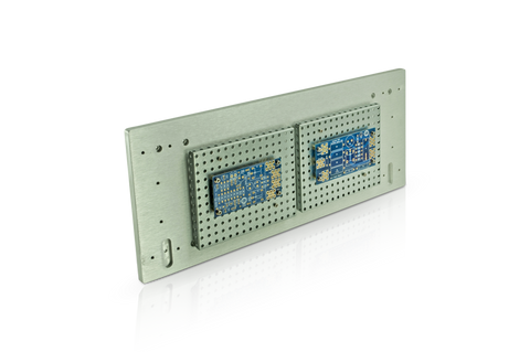 Soft Start and Speaker Turn on Delay both mounted on riser panels affixed to the front panel of a 4U Deluxe Chassis faceplate