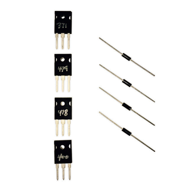 Please note: the numbers on the MOSFETs are ID numbers only, and are not related to their measurements nor their matching